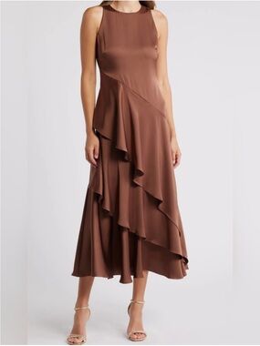 Parker The Angie Layered Ruffle Satin Maxi Dress in Brown Umber New!